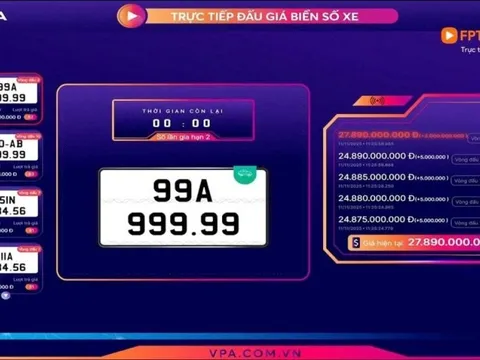 Công ty Đấu giá Hợp danh Việt Nam VPA thông báo: Biển ô tô 'ngũ quý' 99A-999.99 trúng đấu giá gần 28 tỷ
